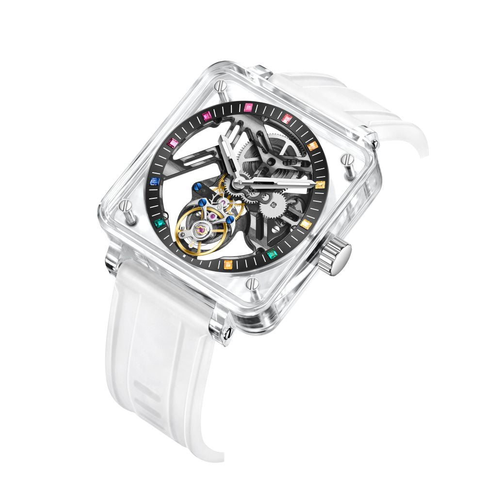 AESOP K9 Crystal Square Case Skeleton Tourbillon Men Watch 7058B