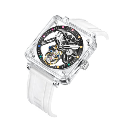 AESOP K9 Crystal Square Case Skeleton Tourbillon Men Watch 7058B