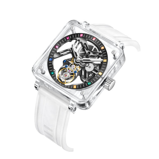 AESOP K9 Crystal Square Case Skeleton Tourbillon Men Watch 7058B