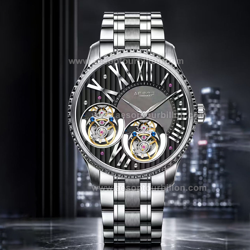 Aesop Large Roman Numerals Double Tourbillon Men Watch 7102