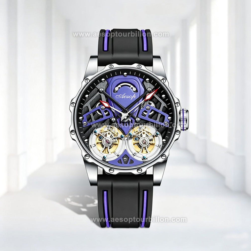 Aesop Skeleton Double Tourbillon Mechanical Men Watch 7028