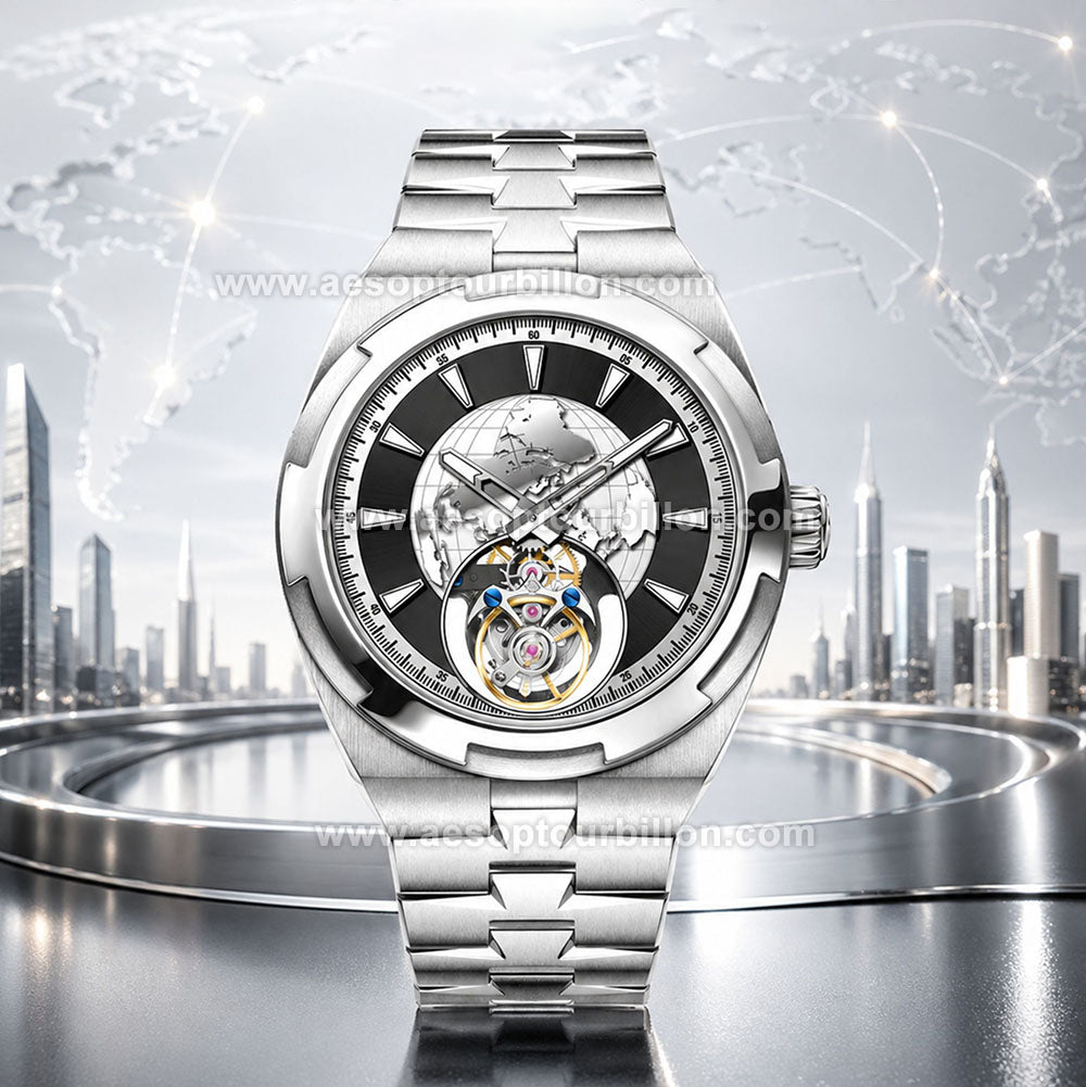 Aesop Map Dial Tourbillon Men Watch Stainless Steel Strap 7033