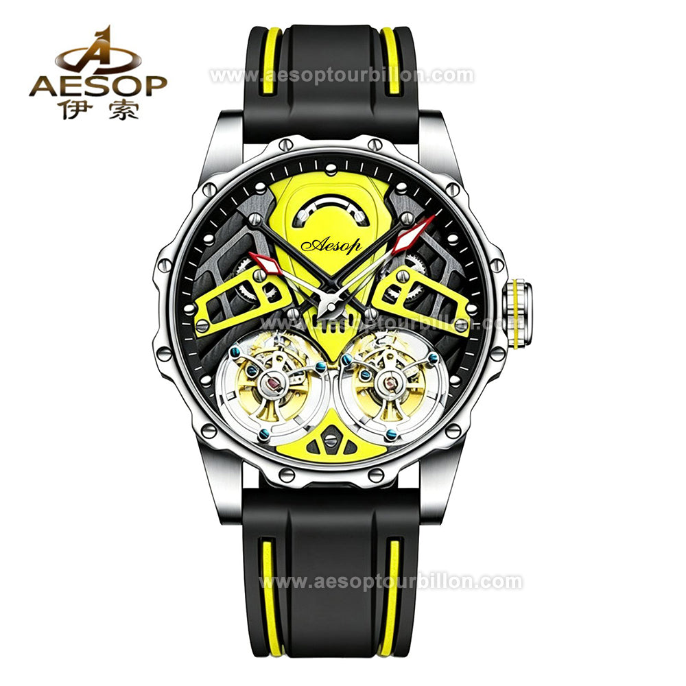 Aesop Skeleton Double Tourbillon Mechanical Men Watch 7028
