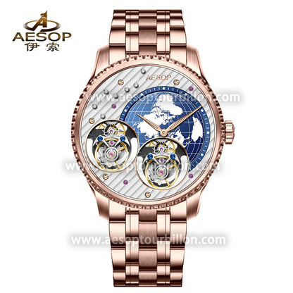 Aesop Classic Double Tourbillon Men Watch Earth Dial Sapphire Crystal Luxury Waterproof Wristwatch 7116