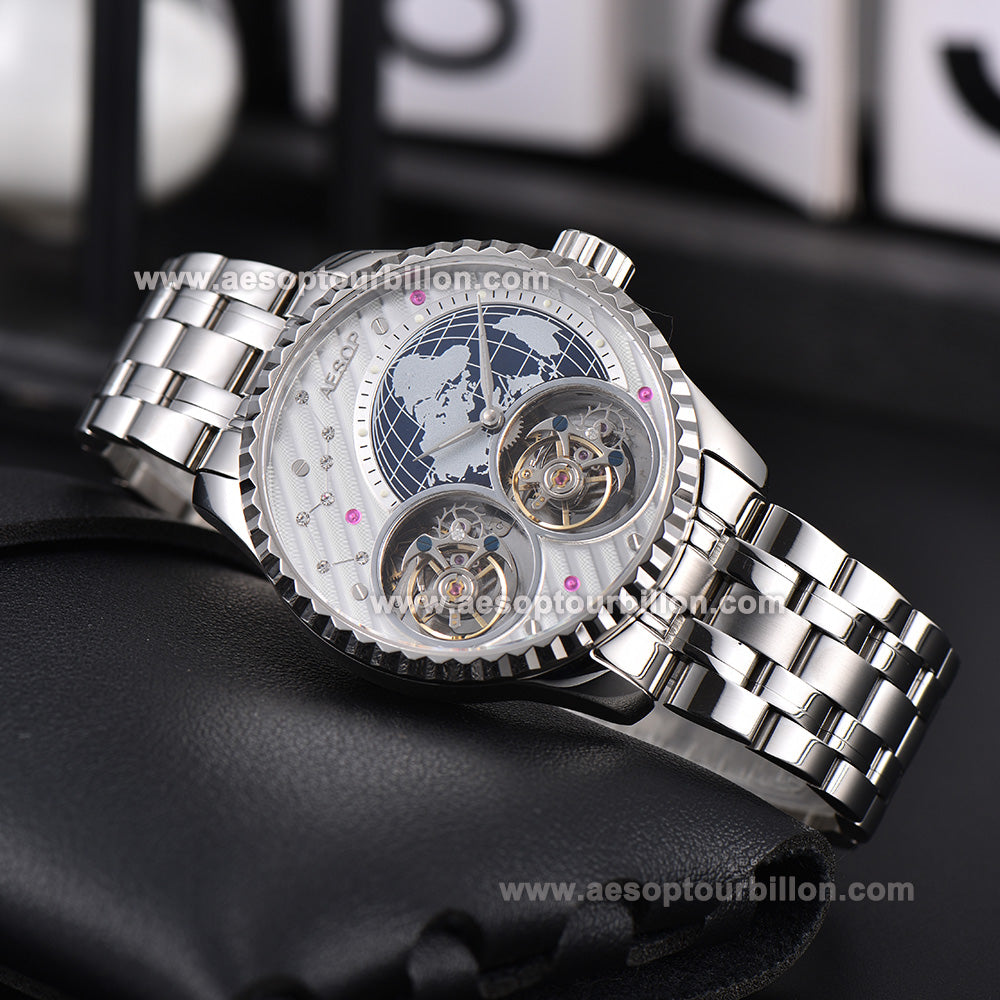 Aesop Classic Double Tourbillon Men Watch Earth Dial Sapphire Crystal Luxury Waterproof Wristwatch 7116