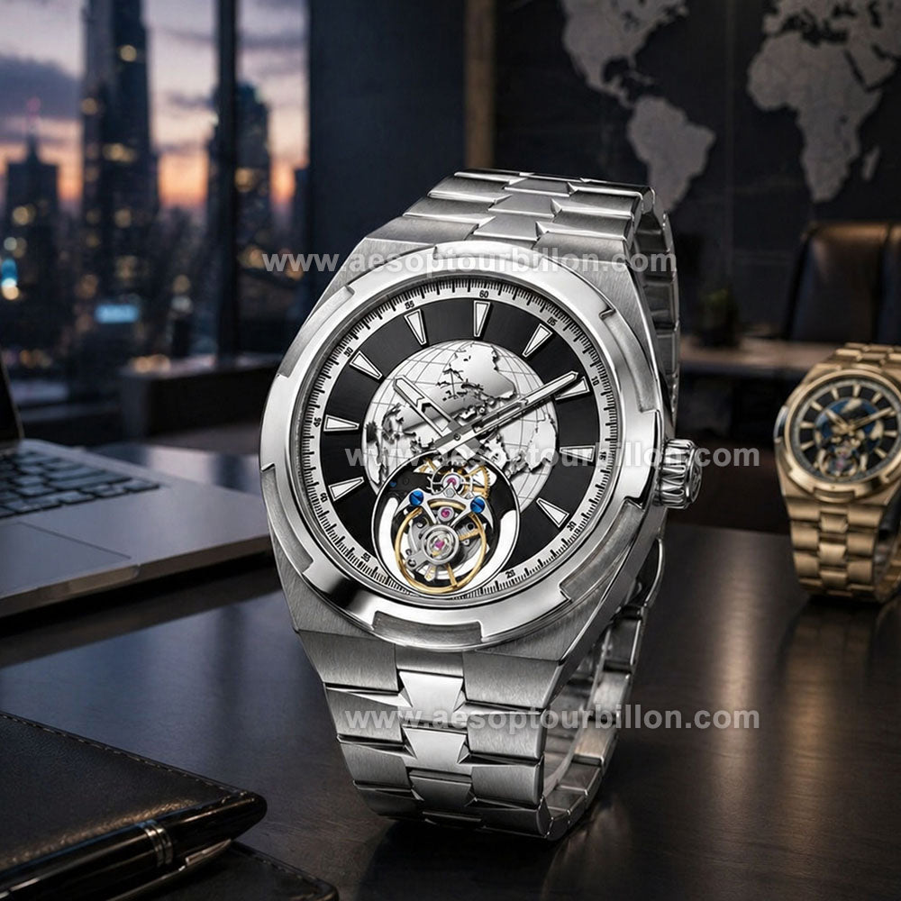 Aesop Map Dial Tourbillon Men Watch Stainless Steel Strap 7033