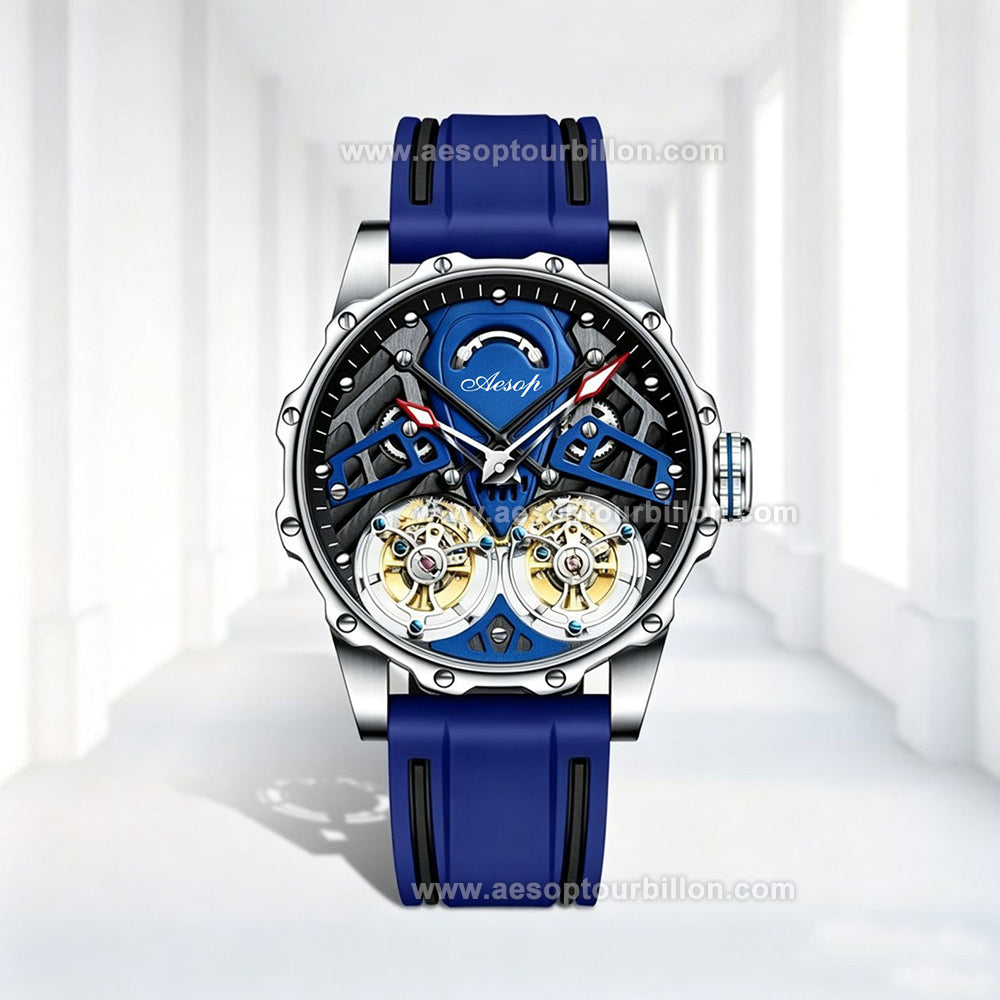 Aesop Skeleton Double Tourbillon Mechanical Men Watch 7028
