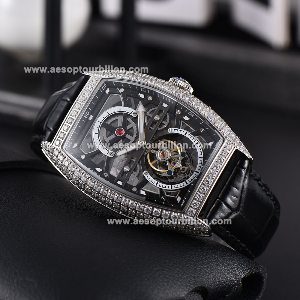 AESOP Skeleton Tonneau Tourbillon Men Watch Zircon Bezel Hand Wind Sapphire Crystal Luminous Waterproof Luxury Men Wristwatch 7069