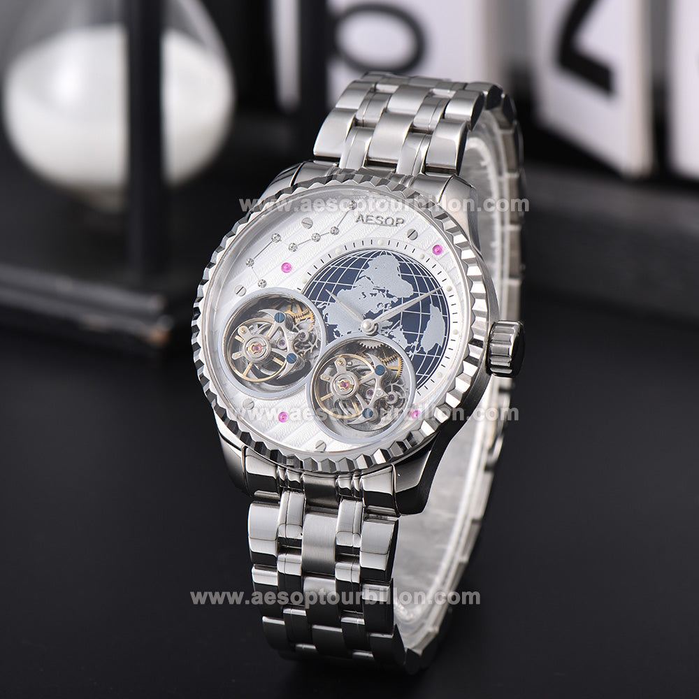 Aesop Classic Double Tourbillon Men Watch Earth Dial Sapphire Crystal Luxury Waterproof Wristwatch 7116