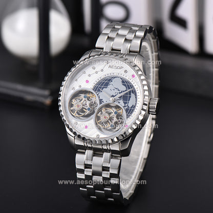 Aesop Classic Double Tourbillon Men Watch Earth Dial Sapphire Crystal Luxury Waterproof Wristwatch 7116
