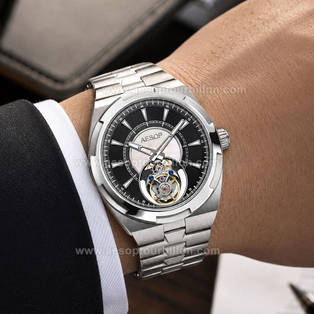 Aesop Classic Tourbillon Men Watch Stainless Steel Strap 7032