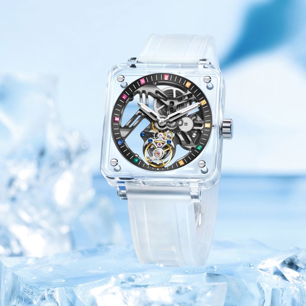 AESOP K9 Crystal Square Case Skeleton Tourbillon Men Watch 7058B