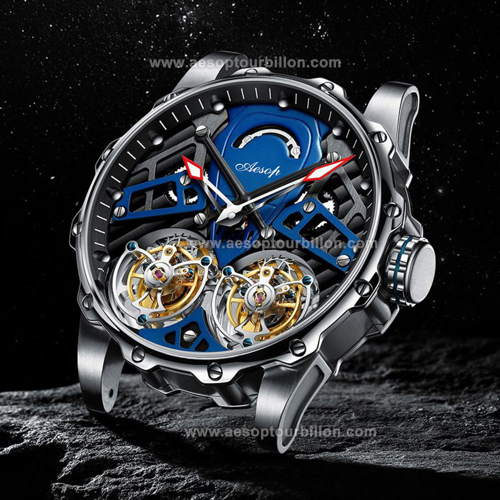 Aesop Skeleton Double Tourbillon Mechanical Men Watch 7028