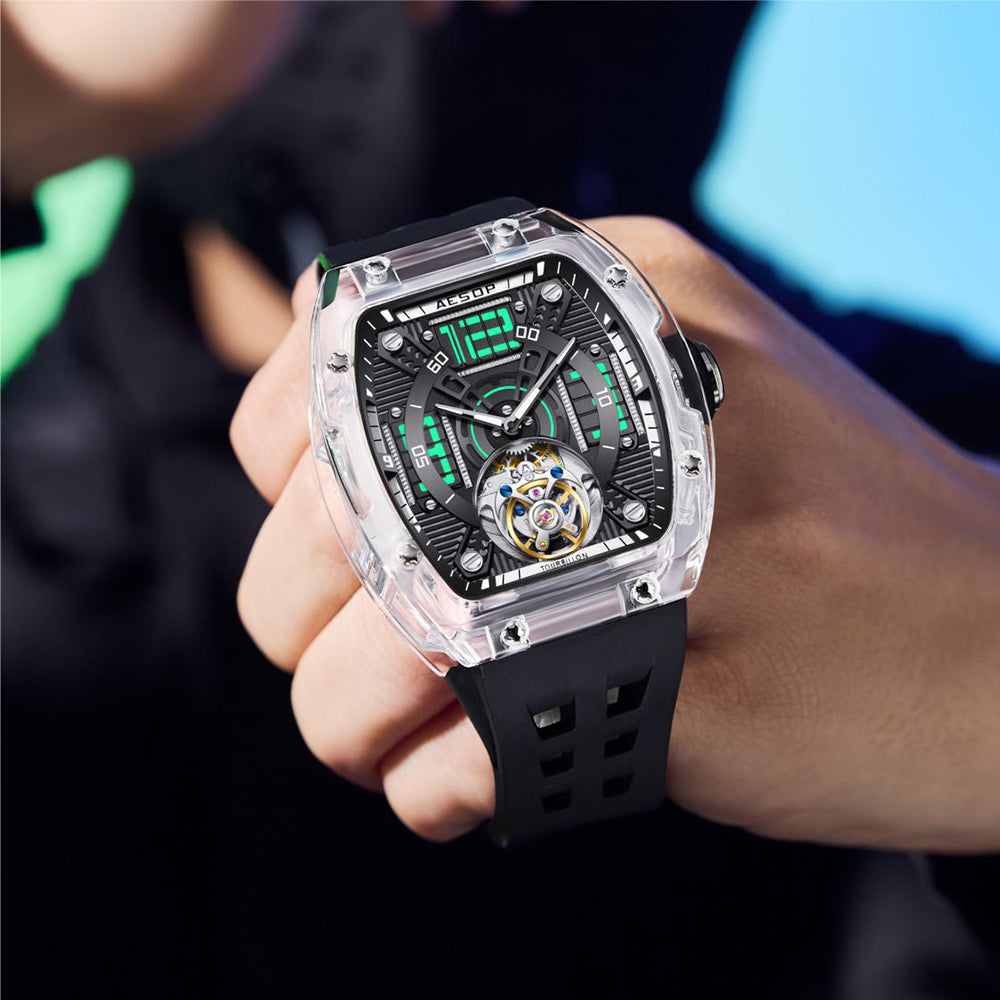 Orologio Meccanico Da Uomo Aesop Tourbillon 7058 – Cassa Quadrata In Cristallo, Vetro Zaffiro, Cinturino In Silicone