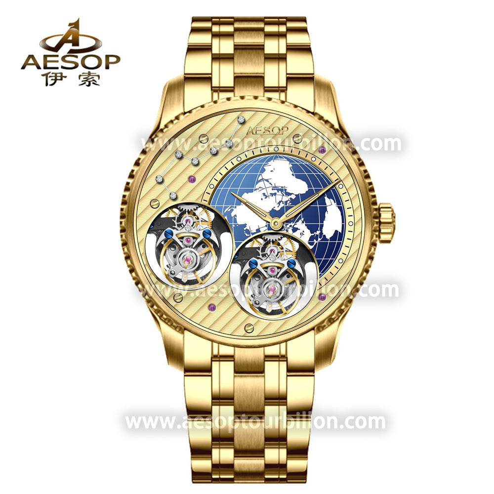 Aesop Classic Double Tourbillon Men Watch Earth Dial Sapphire Crystal Luxury Waterproof Wristwatch 7116