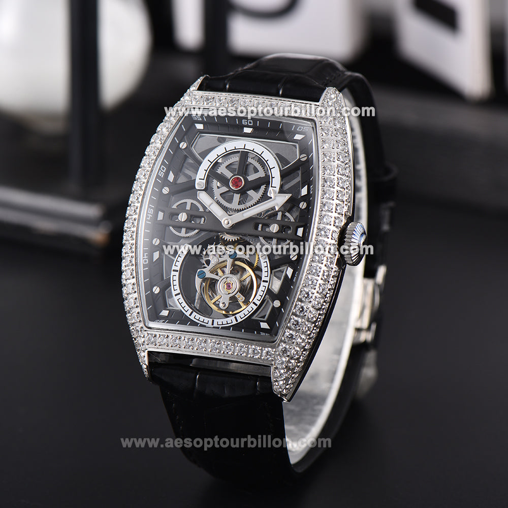 AESOP Skeleton Tonneau Tourbillon Men Watch Zircon Bezel Hand Wind Sapphire Crystal Luminous Waterproof Luxury Men Wristwatch 7069