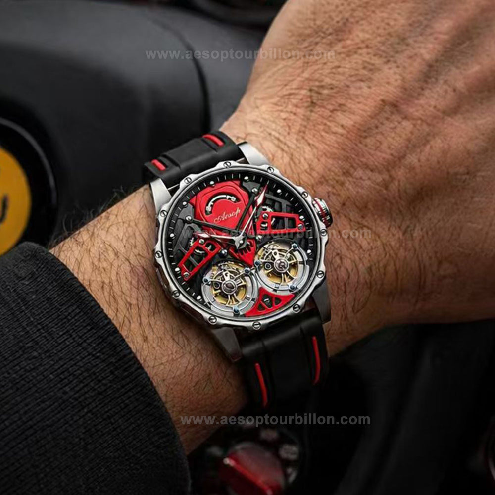 Aesop Skeleton Double Tourbillon Mechanical Men Watch 7028