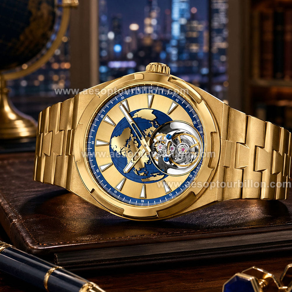 Aesop Map Dial Tourbillon Men Watch Stainless Steel Strap 7033