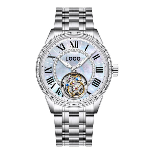 Customized LOGO Zircon Bezel Automatic Tourbillon Men Watch 4