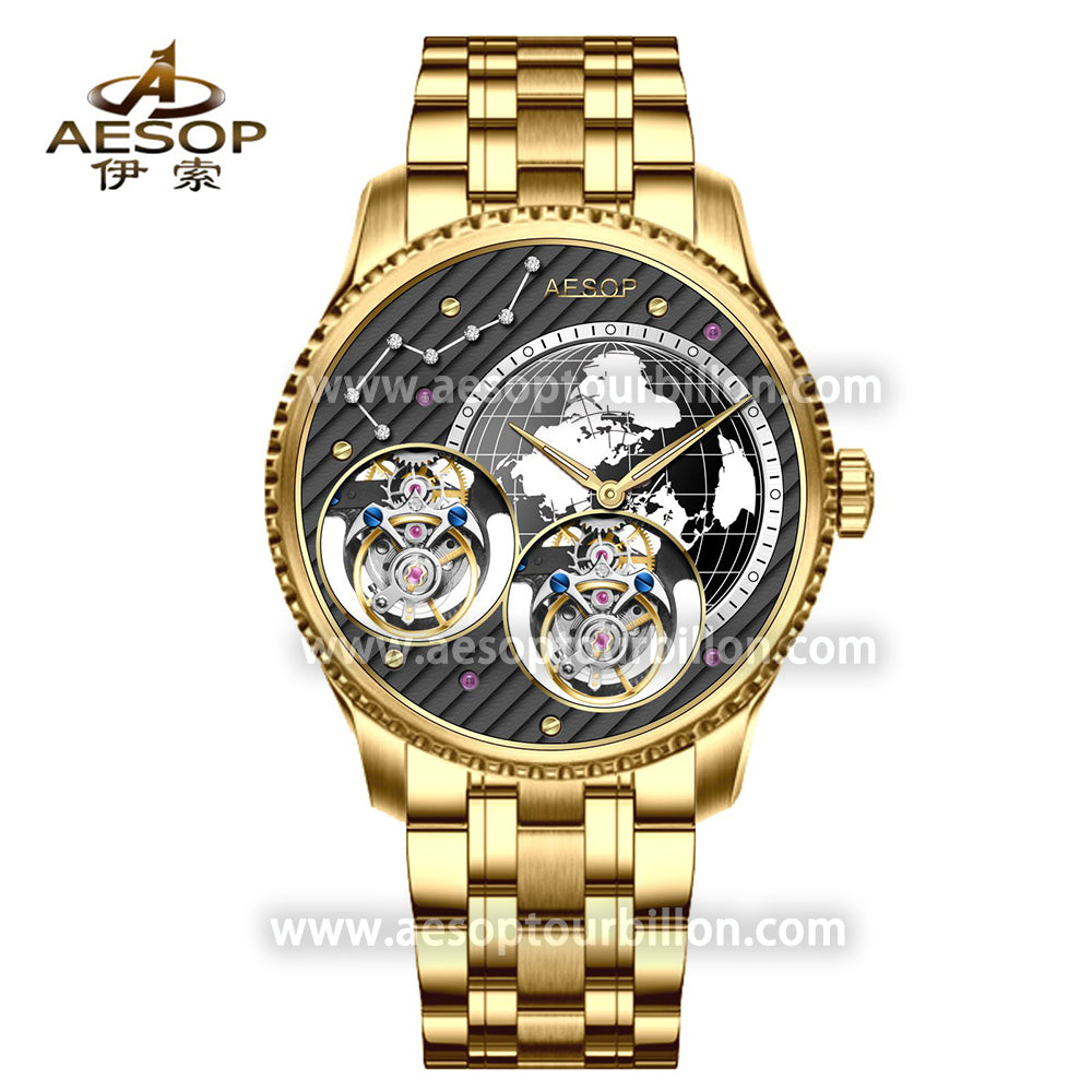 Aesop Classic Double Tourbillon Men Watch Earth Dial Sapphire Crystal Luxury Waterproof Wristwatch 7116