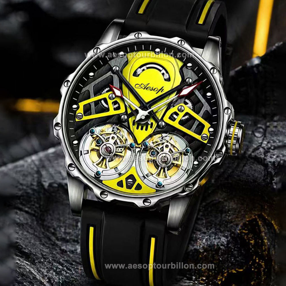 Aesop Skeleton Double Tourbillon Mechanical Men Watch 7028