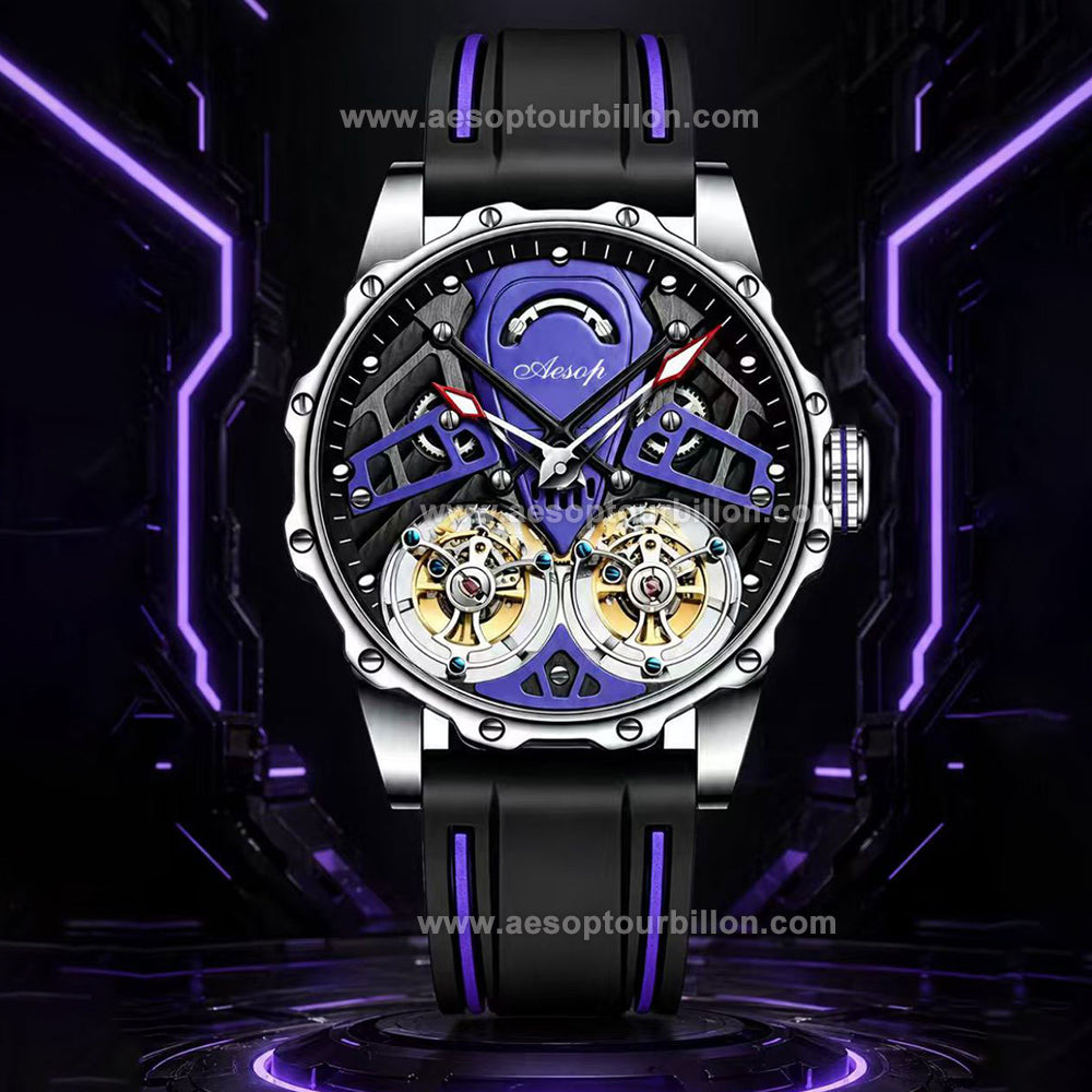 Aesop Skeleton Double Tourbillon Mechanical Men Watch 7028