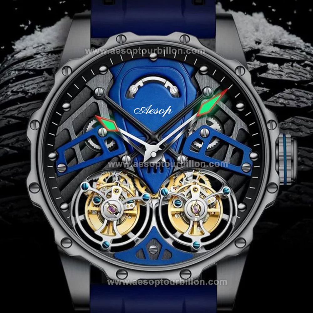 Aesop Skeleton Double Tourbillon Mechanical Men Watch 7028