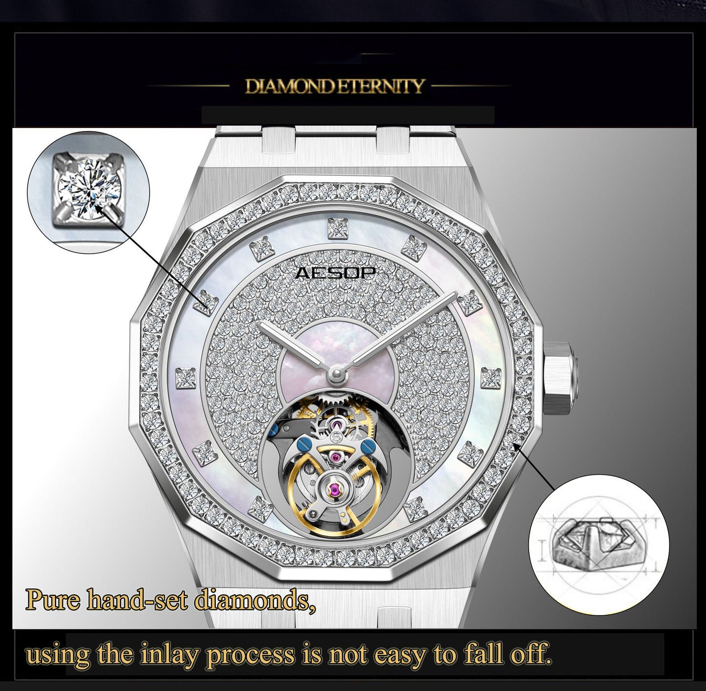 Aesop Luxury Diamond Inlay Tourbillon Watch 7088G