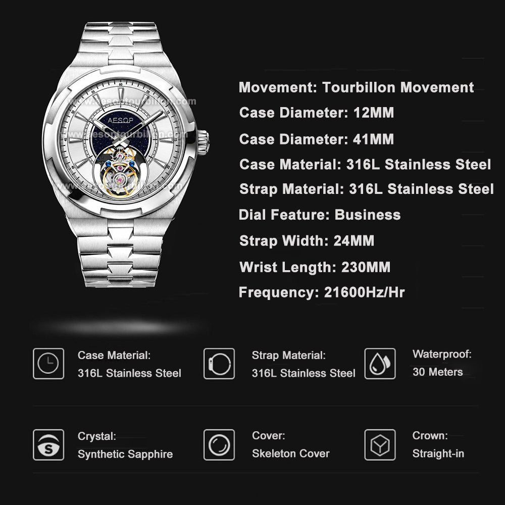 Aesop Classic Tourbillon Men Watch Stainless Steel Strap 7032