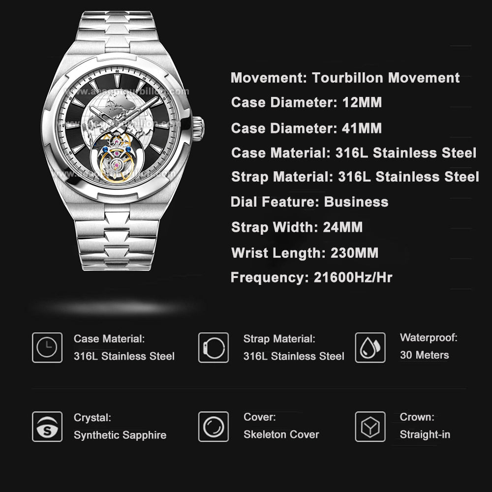 Aesop Map Dial Tourbillon Men Watch Stainless Steel Strap 7033