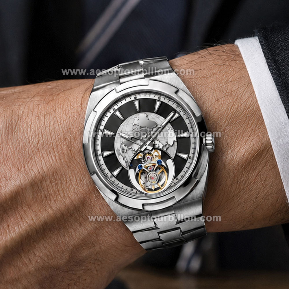 Aesop Map Dial Tourbillon Men Watch Stainless Steel Strap 7033
