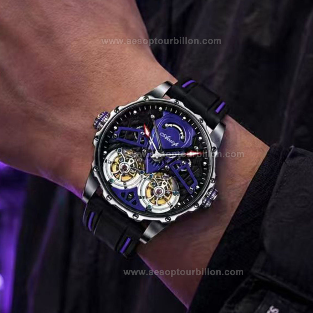 Aesop Skeleton Double Tourbillon Mechanical Men Watch 7028