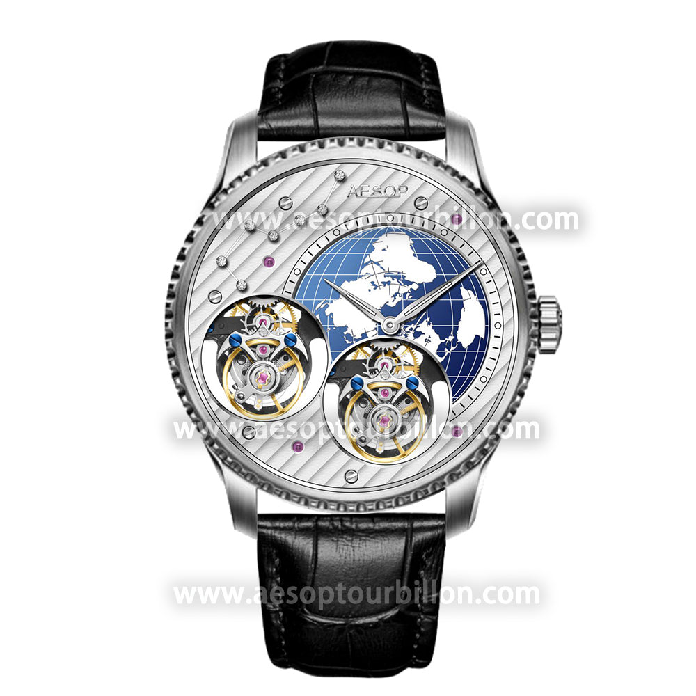 Aesop Classic Double Tourbillon Men Watch Earth Dial Sapphire Crystal Luxury Waterproof Wristwatch 7116