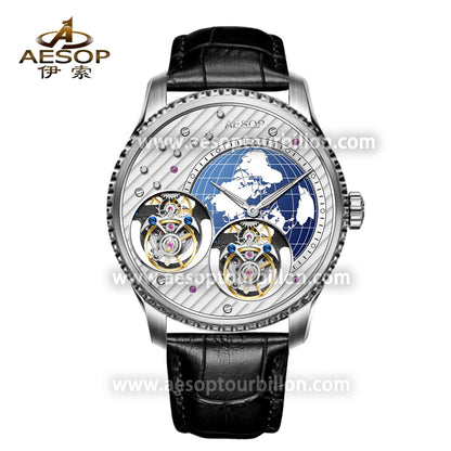 Aesop Classic Double Tourbillon Men Watch Earth Dial Sapphire Crystal Luxury Waterproof Wristwatch 7116