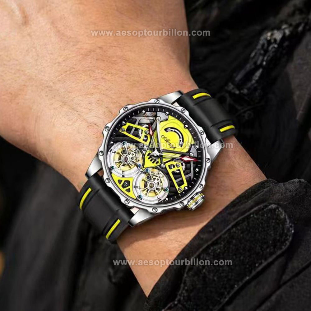 Aesop Skeleton Double Tourbillon Mechanical Men Watch 7028