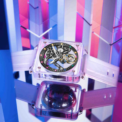 AESOP K9 Crystal Square Case Skeleton Tourbillon Men Watch 7058B