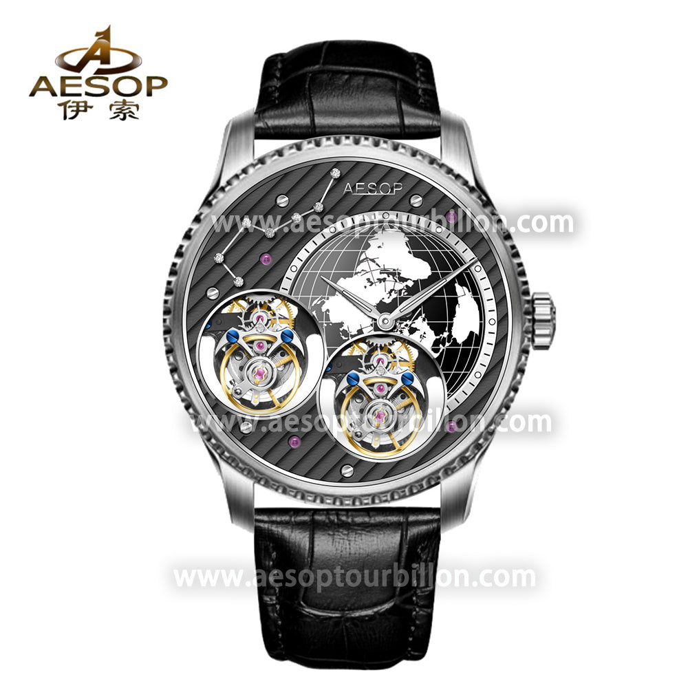 Aesop Classic Double Tourbillon Men Watch Earth Dial Sapphire Crystal Luxury Waterproof Wristwatch 7116