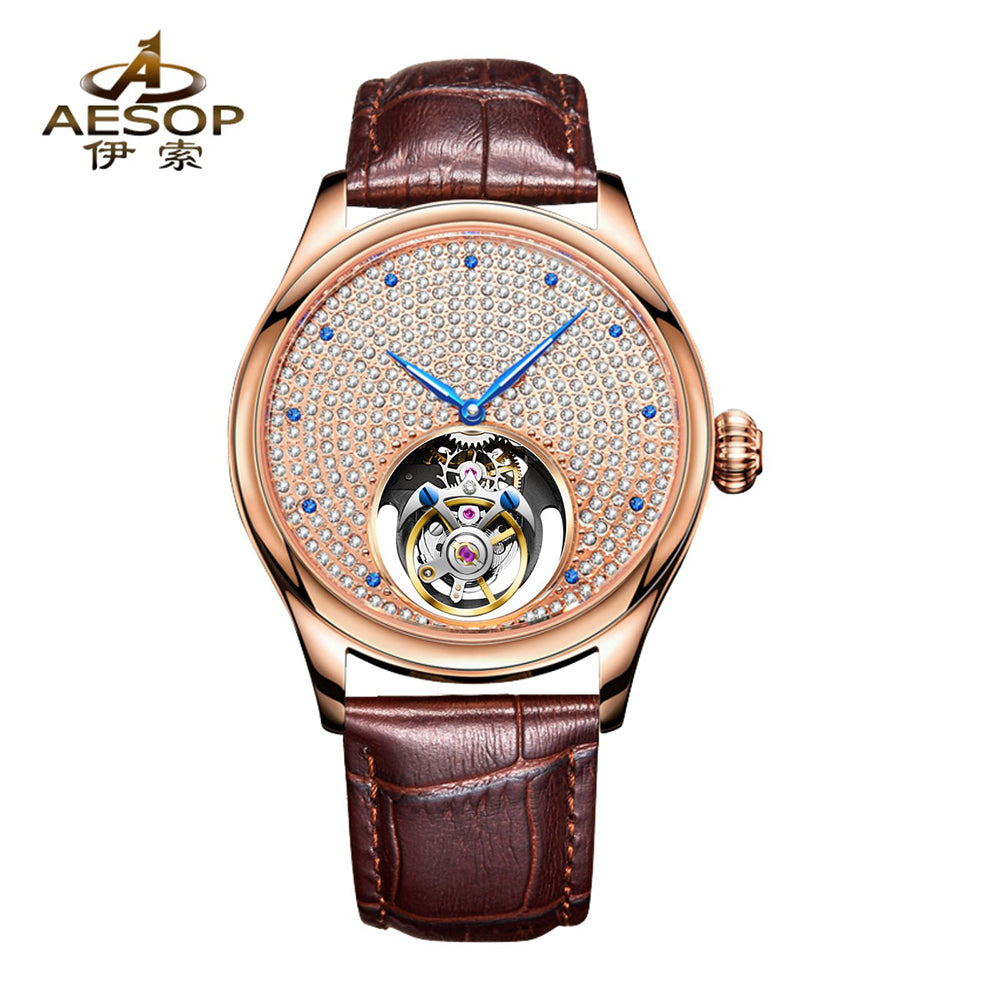 Aesop Tourbillon Men Watch Rhinestones Dial Mechanical Wristwatch 7046