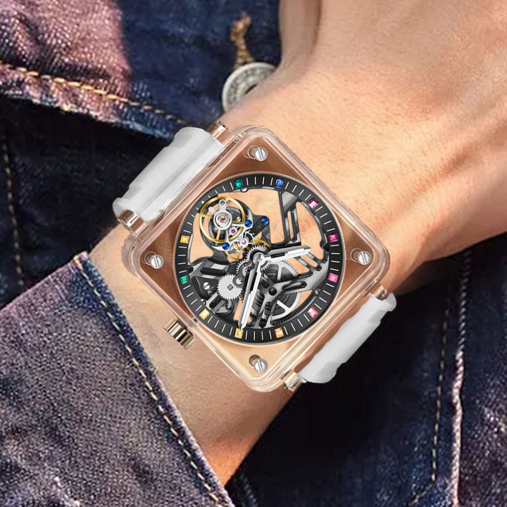 AESOP K9 Crystal Square Case Skeleton Tourbillon Men Watch 7058B
