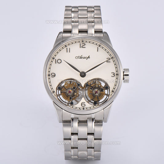 Aesop White Dial Classic Double Tourbillon Mechanical Men Watch 7108