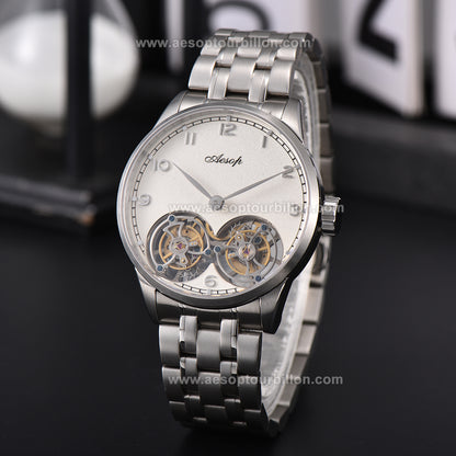 Aesop White Dial Classic Double Tourbillon Mechanical Men Watch 7108
