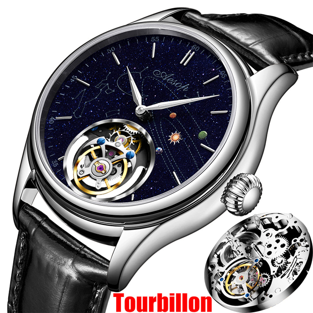 AESOP Mens Luxury Real Tourbillon Mechanical Sapphire Waterproof Watch Skeleton Watches for Men Wristwatches Male Clock 7049