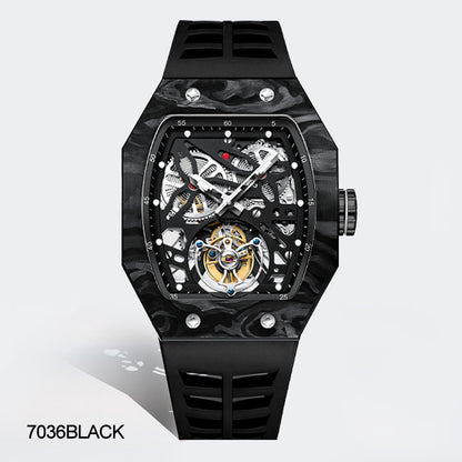 AESOP Carbon Fiber Bezel Tonneau Case Skeleton Tourbillon Watch 7036