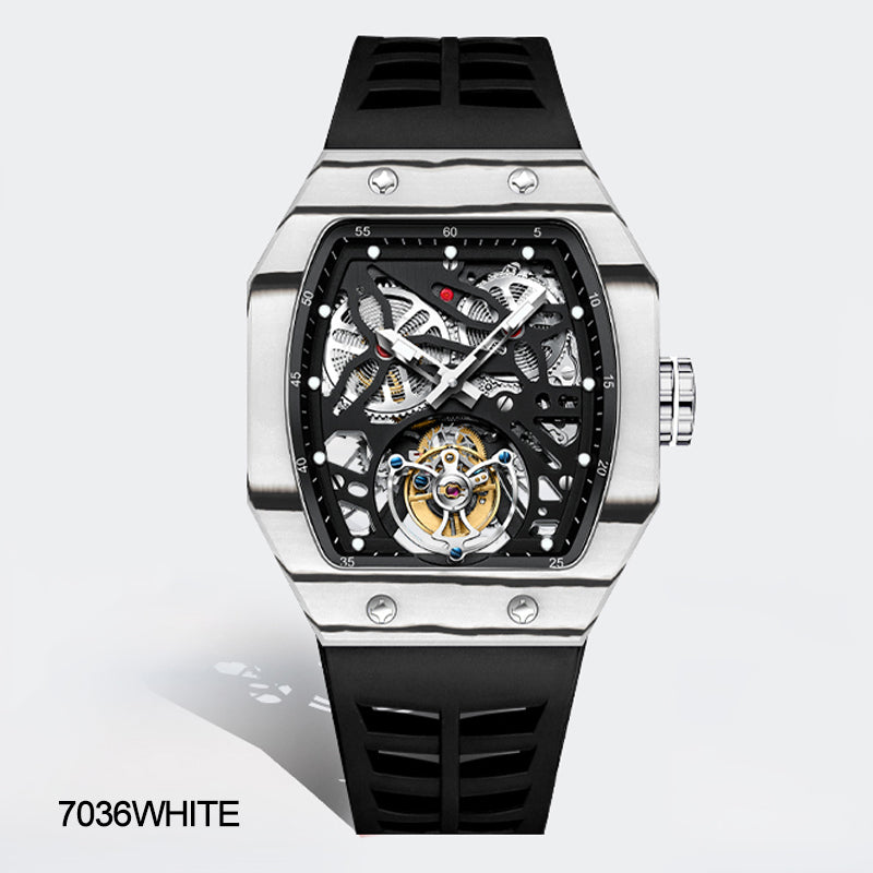 AESOP Carbon Fiber Bezel Tonneau Case Skeleton Tourbillon Watch 7036