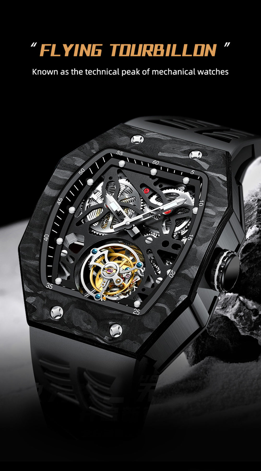 AESOP Carbon Fiber Bezel Tonneau Case Skeleton Tourbillon Watch 7036